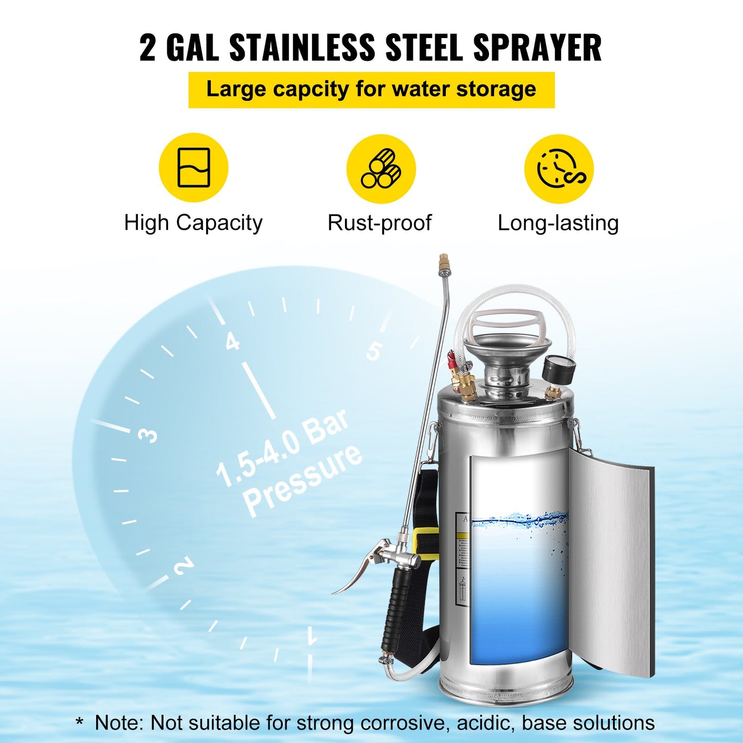 VEVOR 2Gal Stainless Steel Sprayer, Set With Wand  Handle& 3FT Reinforced Hose, Hand Pump Sprayer With Pressure Gauge&Safety Valve, Adjustable Nozzle Suitable For Gardening And Sanitizing