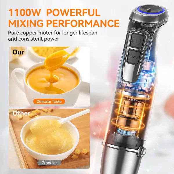 TENKER 1100W Immersion Hand Blender, Stainless Steel Stick Blender With 12-Speed & Turbo Mode, 5-in-1 Handheld Blender With 600ml Mixing Beaker With Lid, 500ml Chopper, Whisk, Milk Frother, BPA-Free