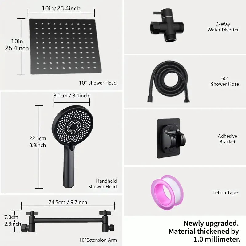 RV Shower Head, 10 Inch High Pressure Rain Shower Stainless Steel Shower Head With Handheld Shower Combo With 59 Inch Extra Long Hose, Adhesive Shower Head Bracket, Overhead Shower Head Set, RV Bathro