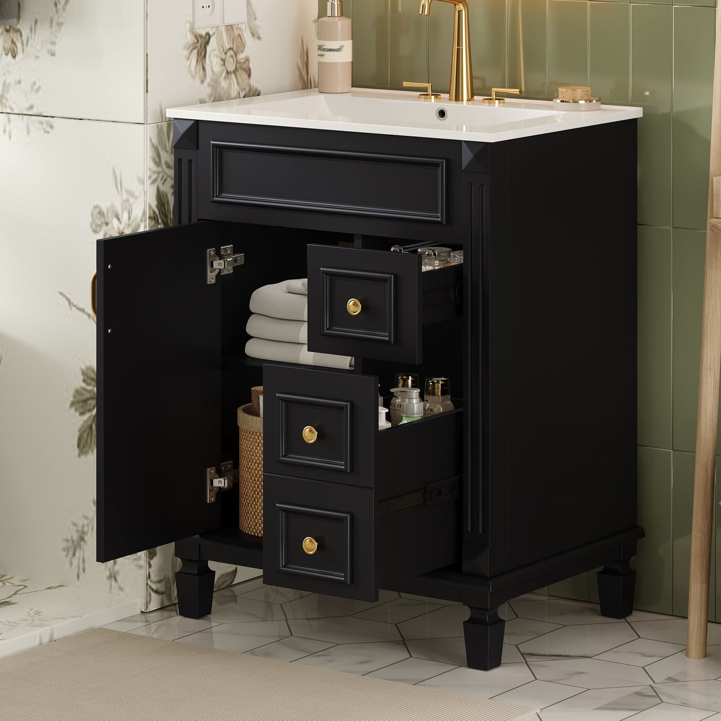 24 Bathroom Vanity With Ceramic Sink, Small Bathroom Sink Cabinet, Modern Cabinet With 2 Drawers And Adjustable Shelf