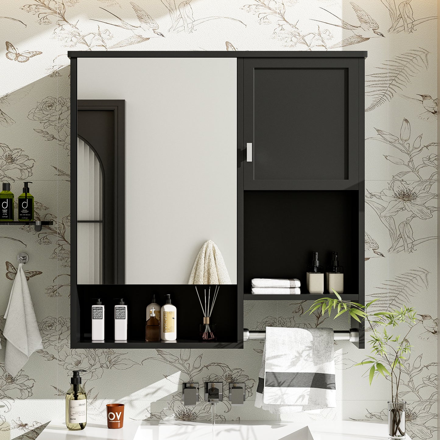 29X 28 Modern Wall Mounted Bathroom Medicine Cabinet, Bathroom Wall Storage Cabinet With Mirror, Over The Toilet Space Saver Cabinet With Towels Bar