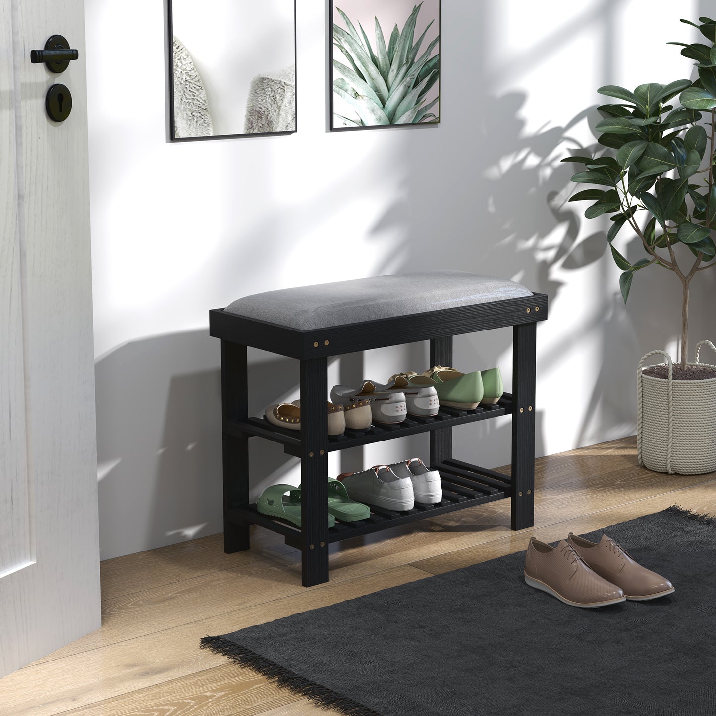 Bamboo Shoe Storage Bench, 3-Tier Entryway Bench with Cushion, Shoe Organizer for Entryway, Hallway, Black