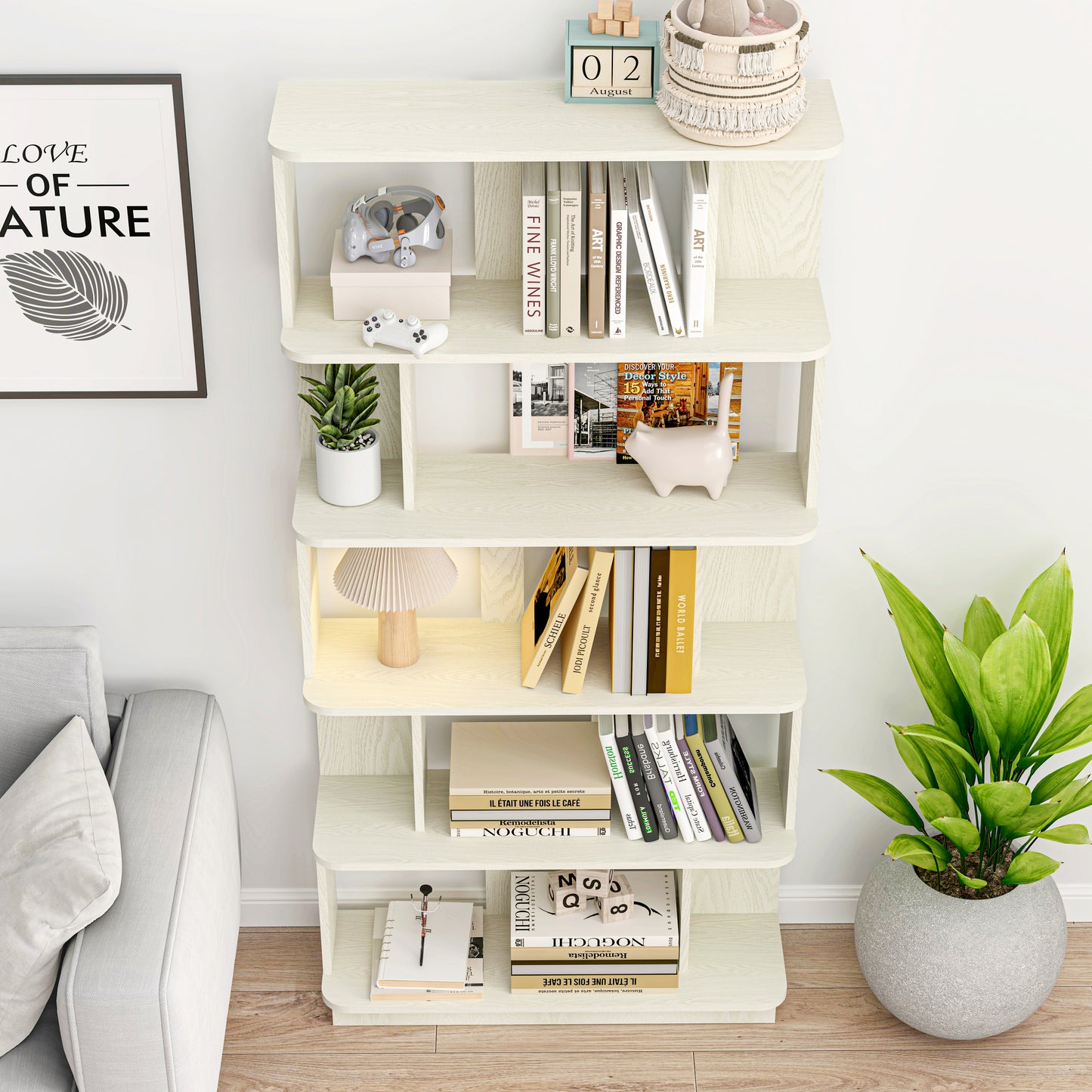 31.5L X 64.56 H Free Combination Bookshelf Modern 5-Tier Open Storage Bookcase MDF Wood Display Shelving For Living Room Home Office Bedroom Decor Organizer, Media Storage Shelves