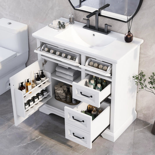 36 Bathroom Vanity With Sink, Ceramic Sink, 2 Tip-out Drawers, Soft Close Door Hinges, White