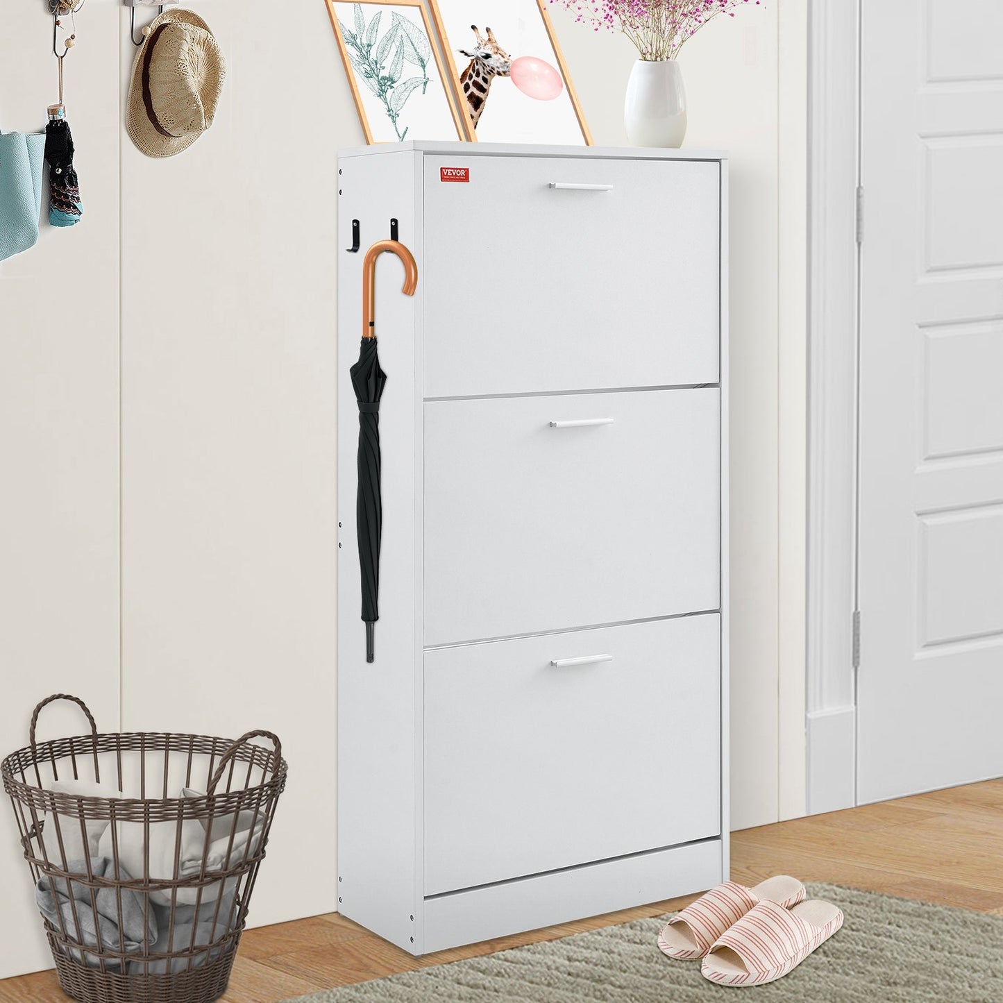 VEVOR Shoe Cabinet With 3 Flip Drawers, Shoe Storage Cabinet For Entryway, Free Standing Shoe Storage Organizer With Side Hooks For Heels, Boots, Slippers In Hallway, Living Room