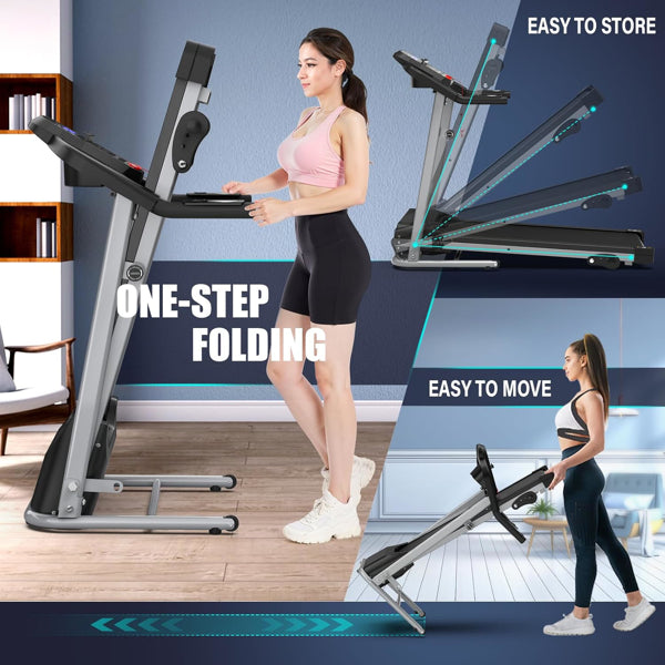 Compact Folding Treadmill For Home - 2.5HP Quiet Brushless Motor, 3-Level Incline, 7.5 MPH, Shock Absorption, Space-Saving Design For Running, Walking - Treadmill For Small Spaces & Home Use