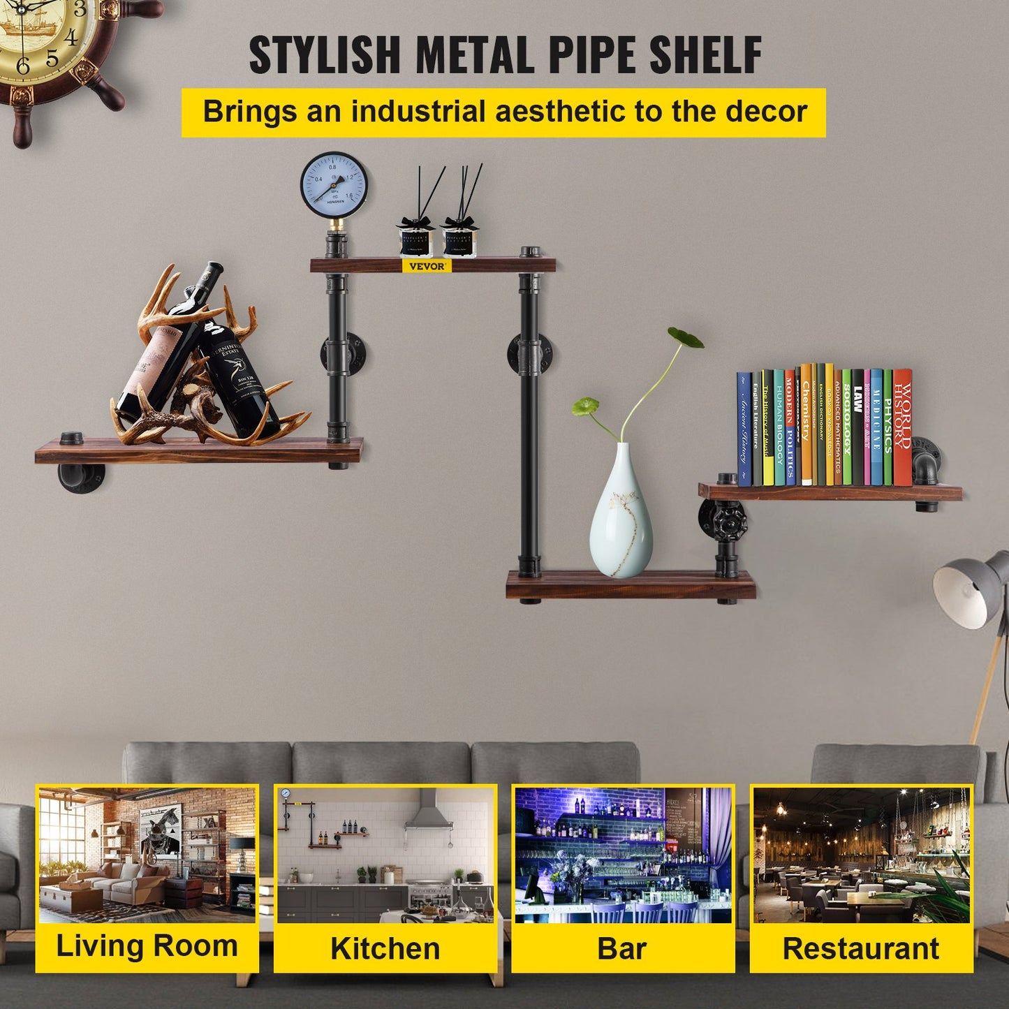Industrial Pipe Shelving, Pipe Shelves With 4-Tier Wood Planks, Rustic Floating Shelves Wall Mounted, Wall Shelf DIY Bookshelf For Bar Kitchen Bathroom Farmhouse Living Room, 51x25x9 Inch