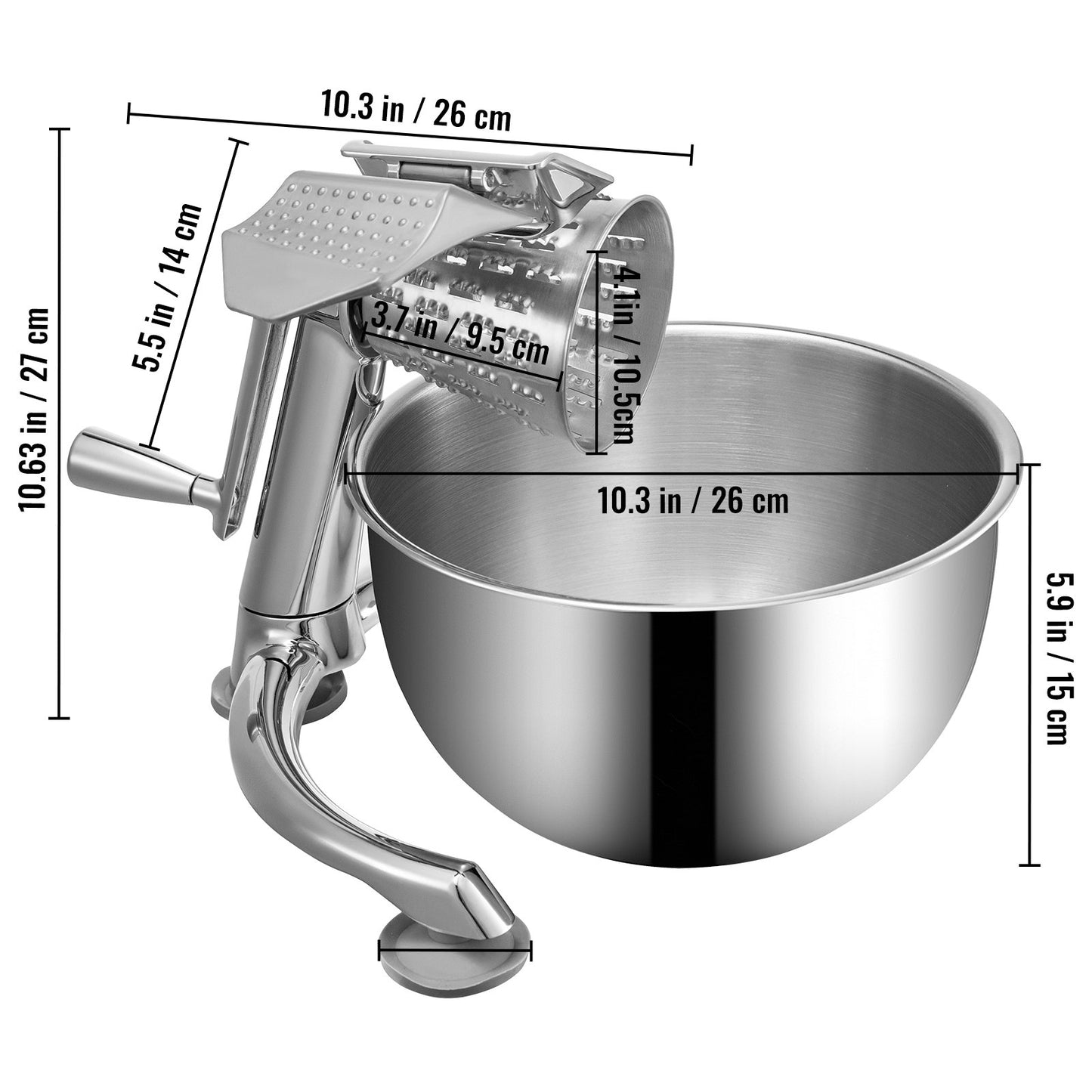 Rotary Cheese Grater, Zinc Alloy Rotary Vegetable Mandoline, Manual Cheese Mandoline W/ 5 Stainless Steel Cutting Cones, Manual Vegetable Grater W/ 2.5L Bowl, Rotary Shredder W/Suction Base