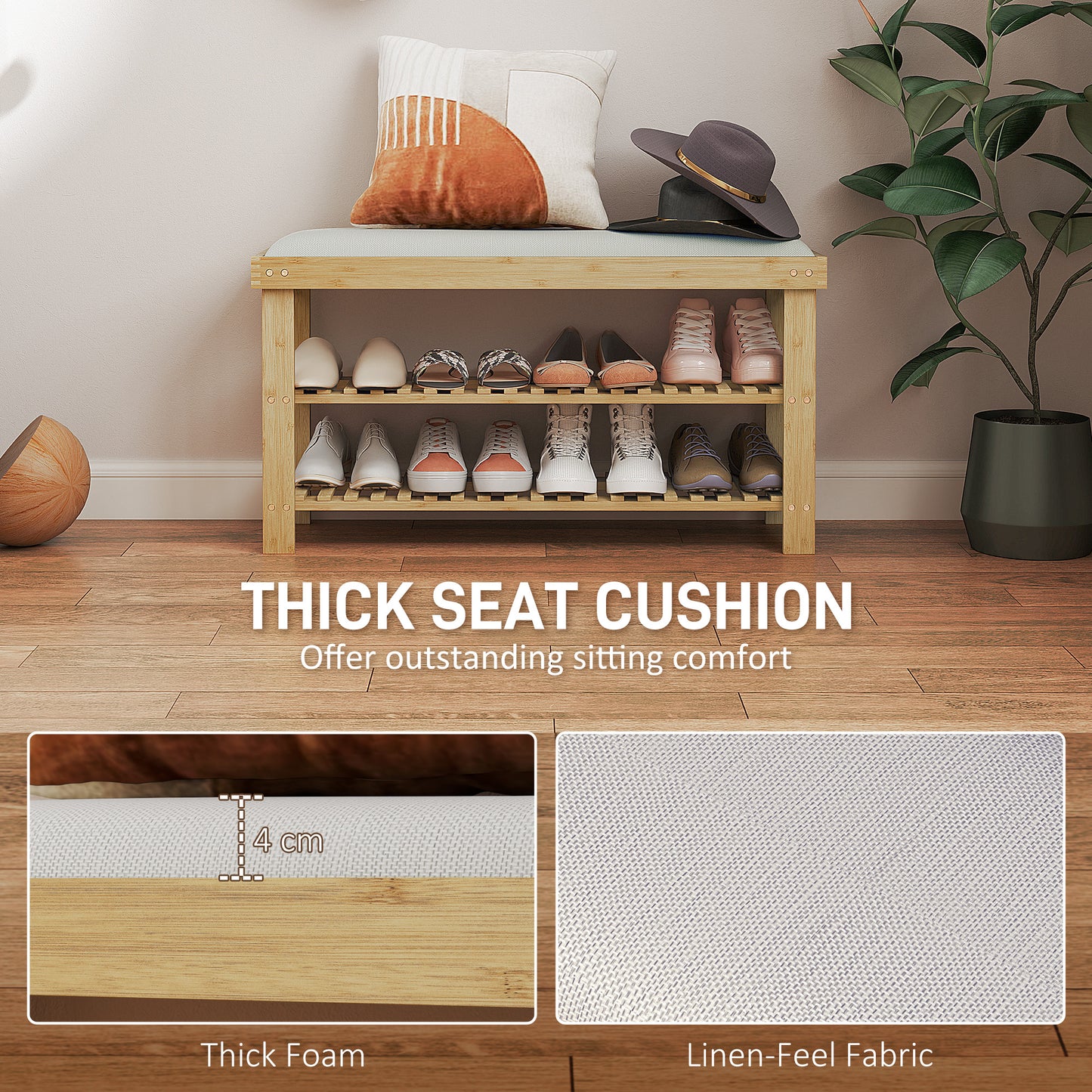 Bamboo Shoe Storage Bench, 3-Tier Entryway Bench With Cushion, Shoe Organizer For Entryway, Hallway, Cream White