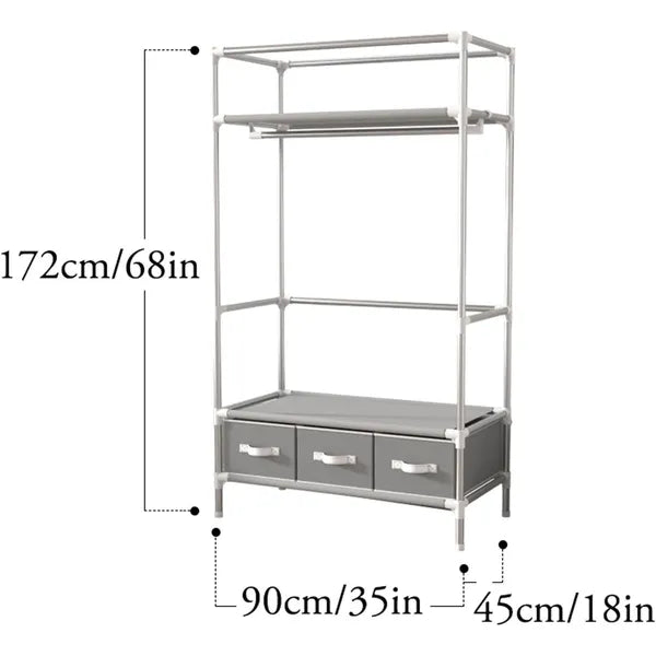 Rolling Door Wardrobe With 3 Drawers, Space Saving Closet Organizer Cabinet, Portable Fabric Storage  Rack & Tool-Free Setup, 67 Inches Height, Gray