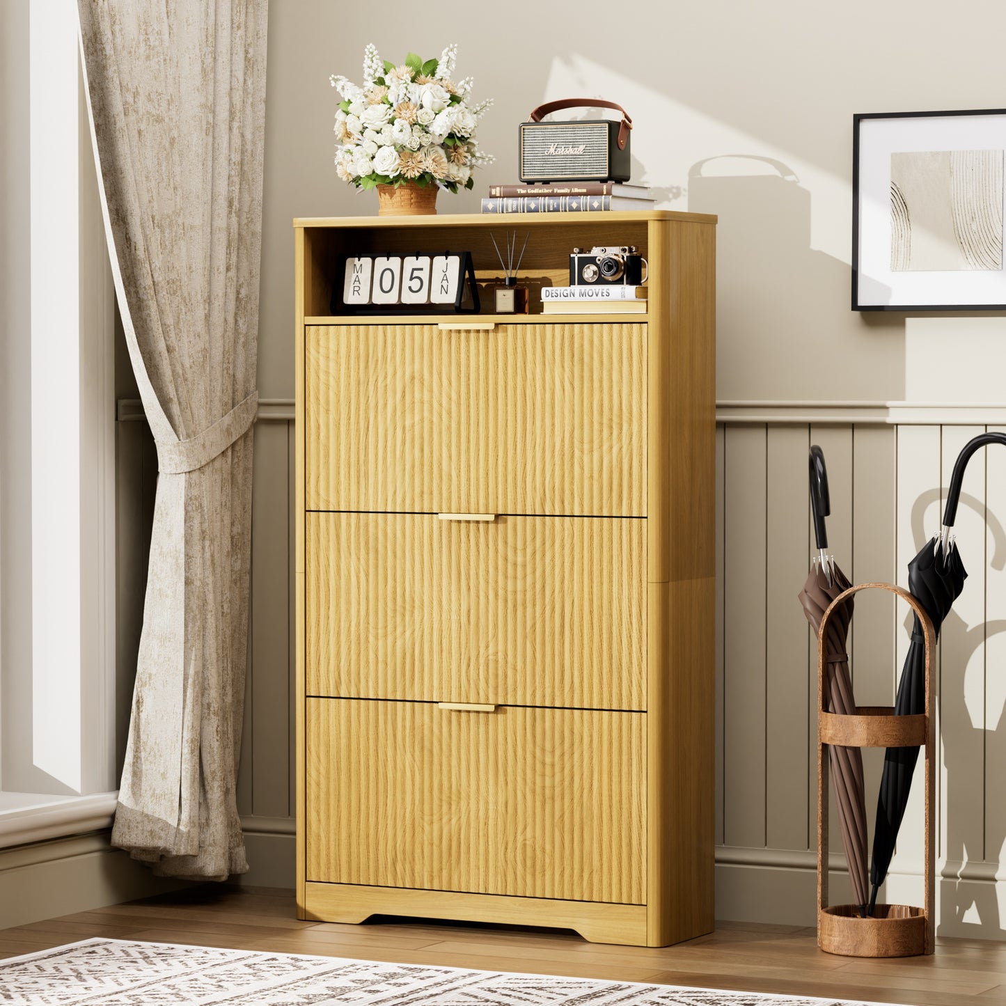 Shoe Cabinet Storage For Entryway Hidden Shoes Storage Cabinet With 3 Flip Drawers, Tall Free Standing Shoe Organizer Rack For Foyer, Hallway. Natural,31.6  L X 9.6  W X 54.4  H.