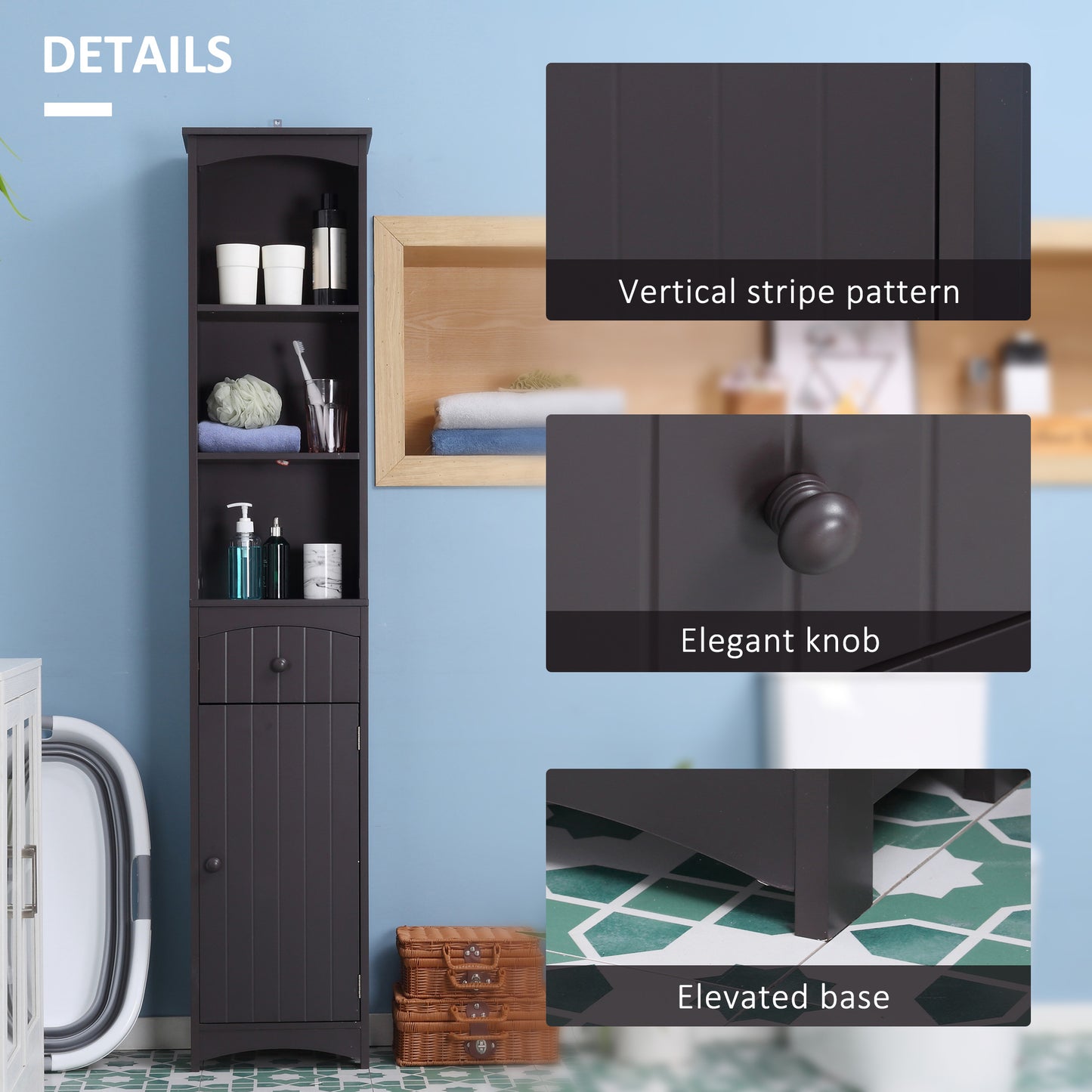 HOMCOM Bathroom Storage Cabinet, Free Standing Bathroom Storage Unit, Tall Linen Tower With 3-Tier Shelves And Drawer, Brown