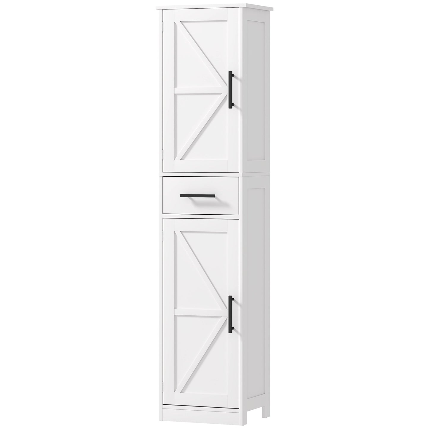 Farmhouse Linen Closet with Drawer, 67" Tall Bathroom Storage Cabinet with Barn Doors and Adjustable Shelves, White