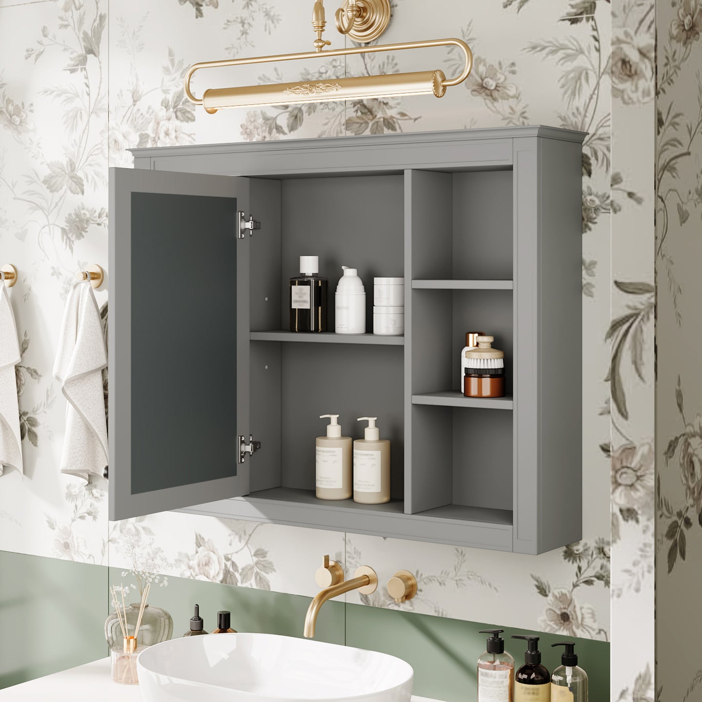 35 X 27.5 Medicine Cabinet, Wall Mounted Bathroom Storage Cabinet, Modern Bathroom Wall Cabinet With Mirror, Mirror Cabinet With 6 Open Shelves Not Include Bathroom Vanity