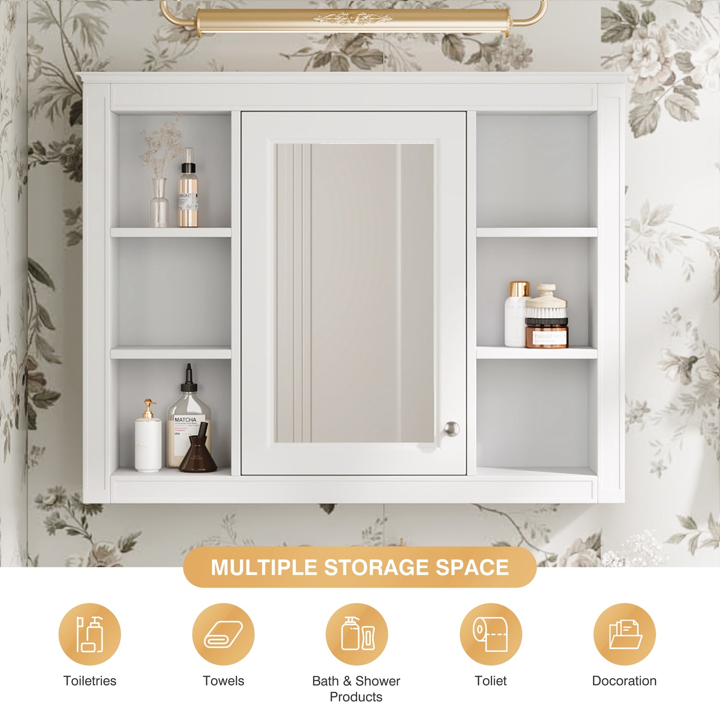 35 X 27.5 Medicine Cabinet, Wall Mounted Bathroom Storage Cabinet, Modern Bathroom Wall Cabinet With Mirror, Mirror Cabinet With 6 Open Shelves  Not Include Bathroom Vanity