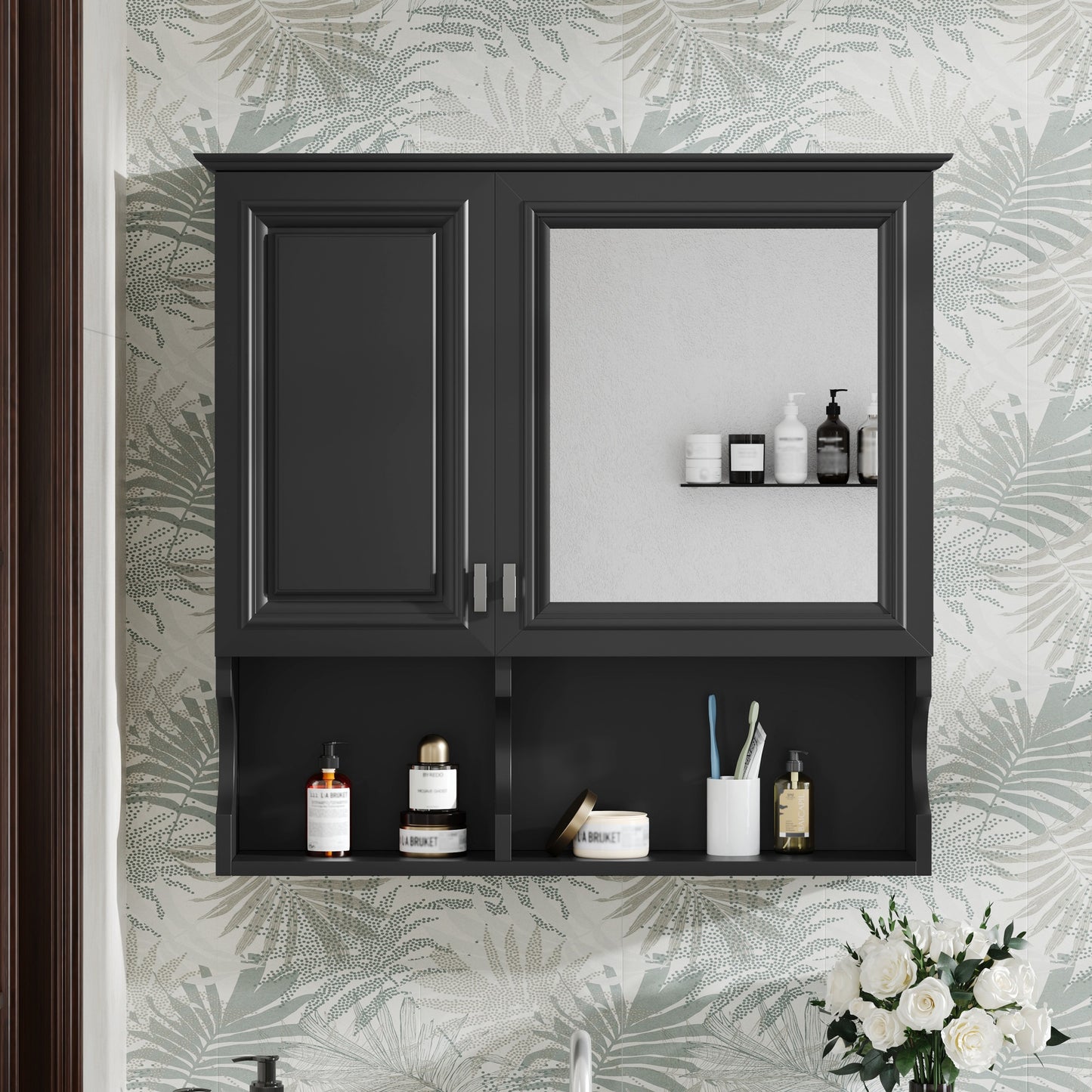 30 Inch Mirror Medicine Cabinet With Open Shelves, Wall Mounted Home Storage With Doors & Mirror, Adjustable Shelf, Bathroom Storage Cabinet Over Toilet