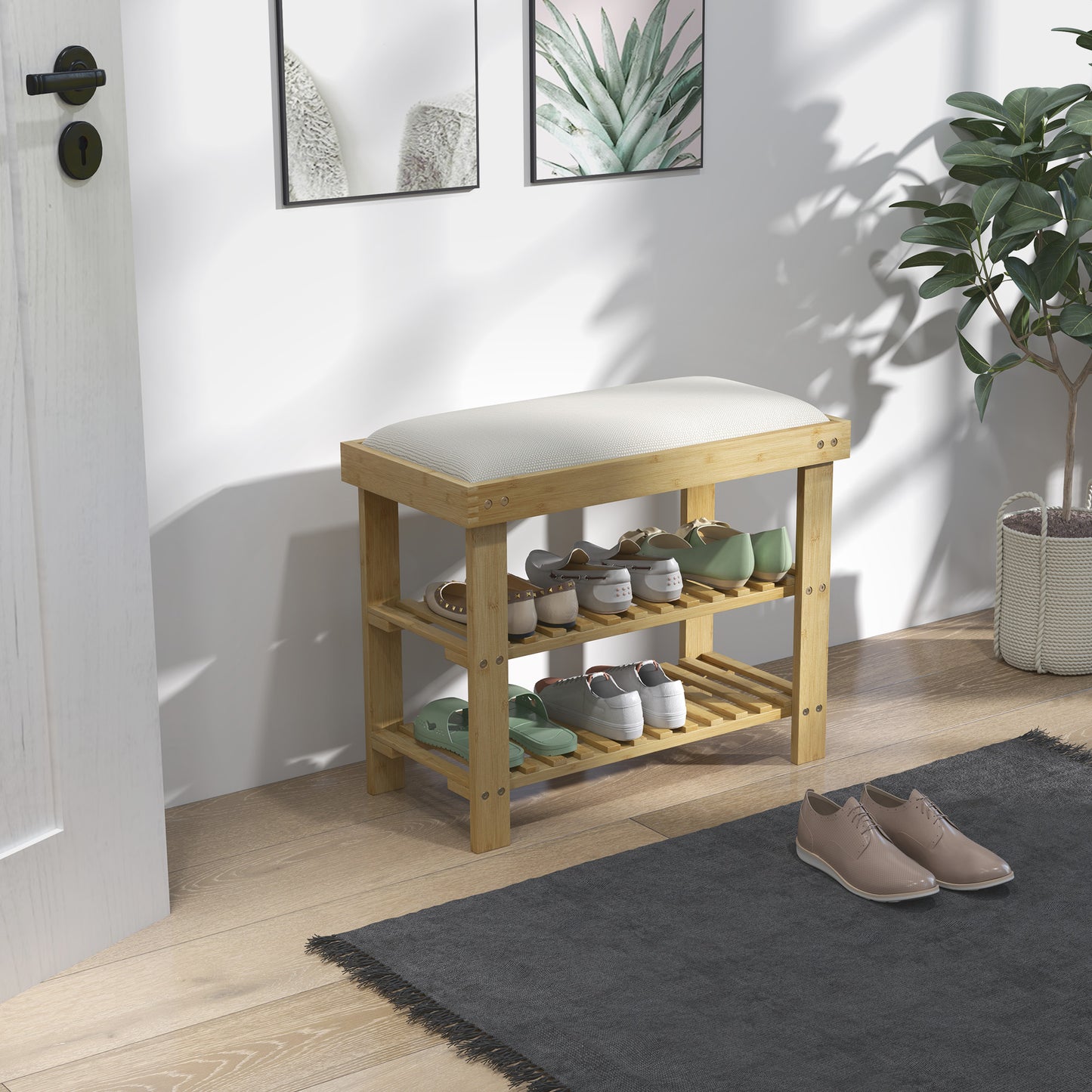 Bamboo Shoe Storage Bench, 3-Tier Entryway Bench with Cushion, Shoe Organizer for Entryway, Hallway, Cream White