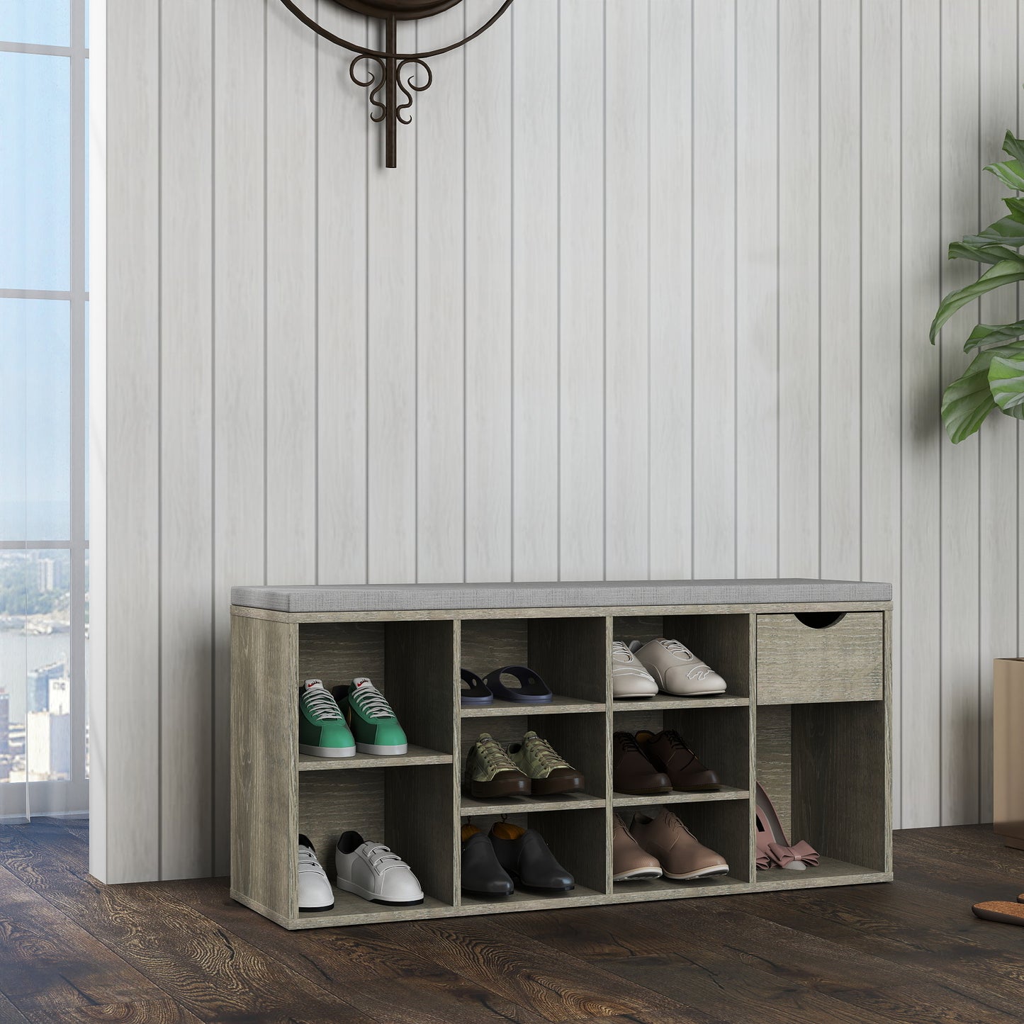 Storage Bench, Shoe Bench, Entryway Bench With Padded Cushion, Drawer And Open Compartments, Bench With Storage, 3 Tier Shoe Rack Bench