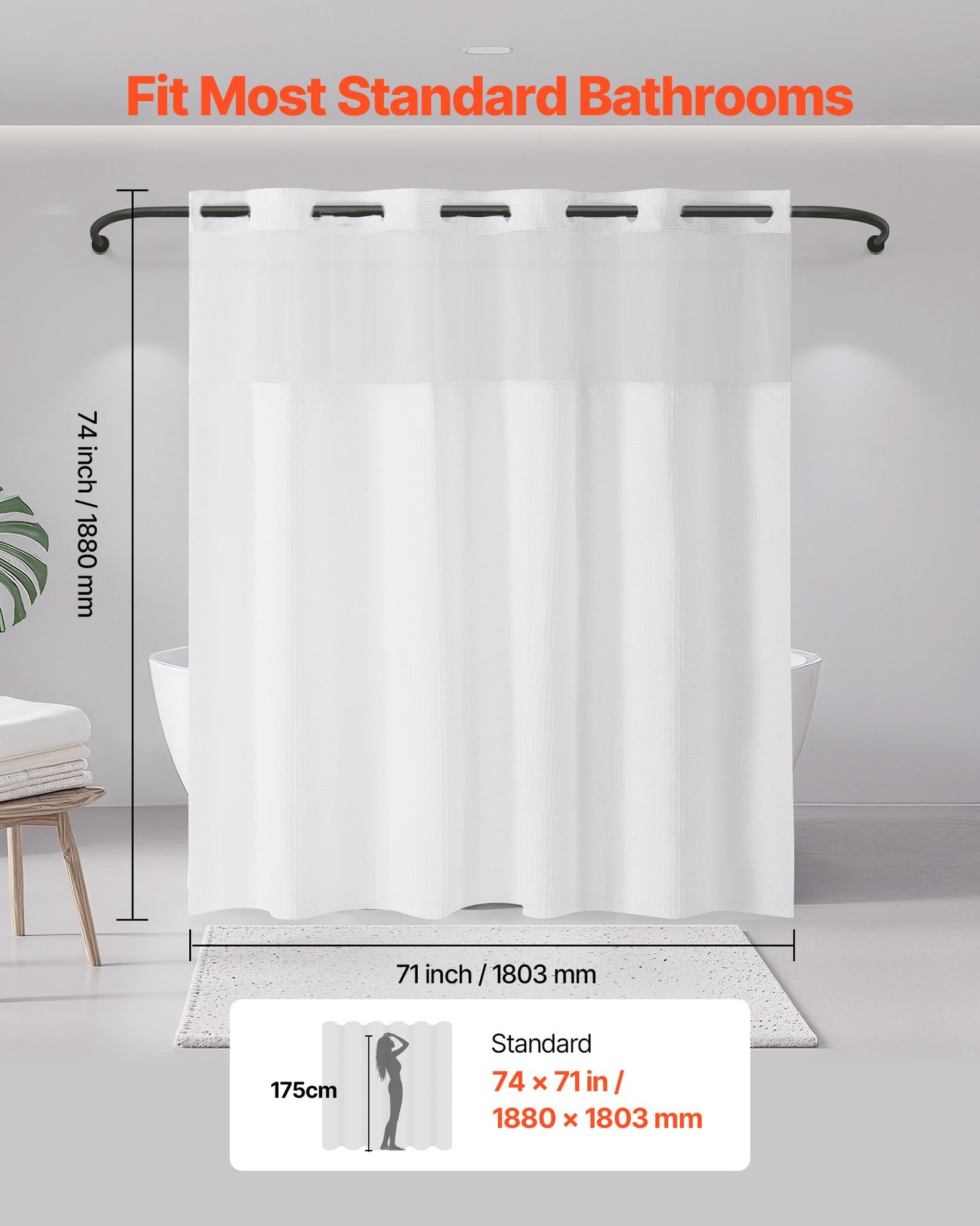 No Hook Shower Curtain, 2-in-1 Waterproof Waffle Weave Shower Curtains, 240 GSM Curtain With Snap-in Liner, See-Through Window, And Magnets, For Bathroom Showers & Bath Tubs, 74x71 In (White)