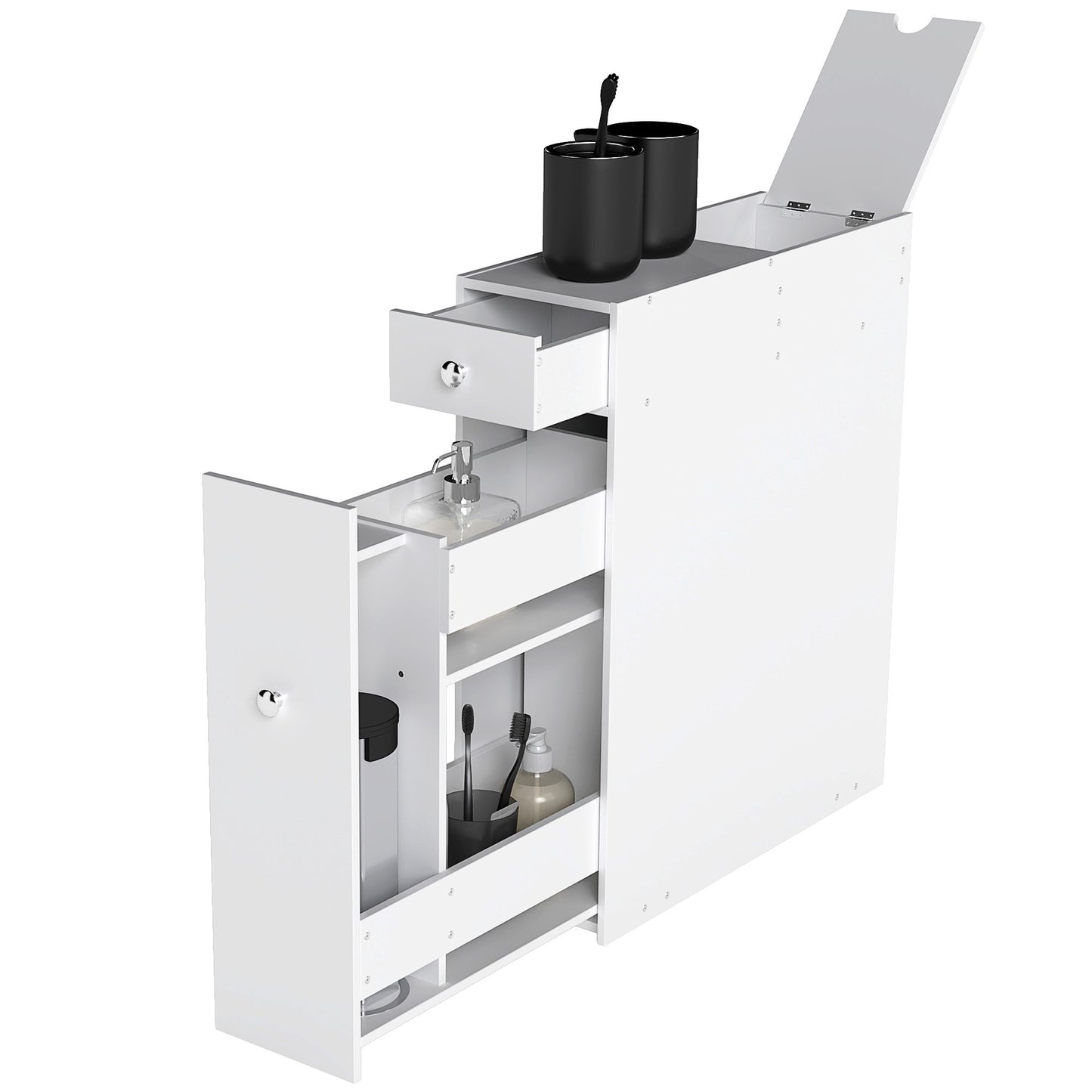Bathroom Floor Organizer, Freestanding Space-saving Narrow Storage Cabinet, Bathtub Toilet Paper Holder With Drawers, White.