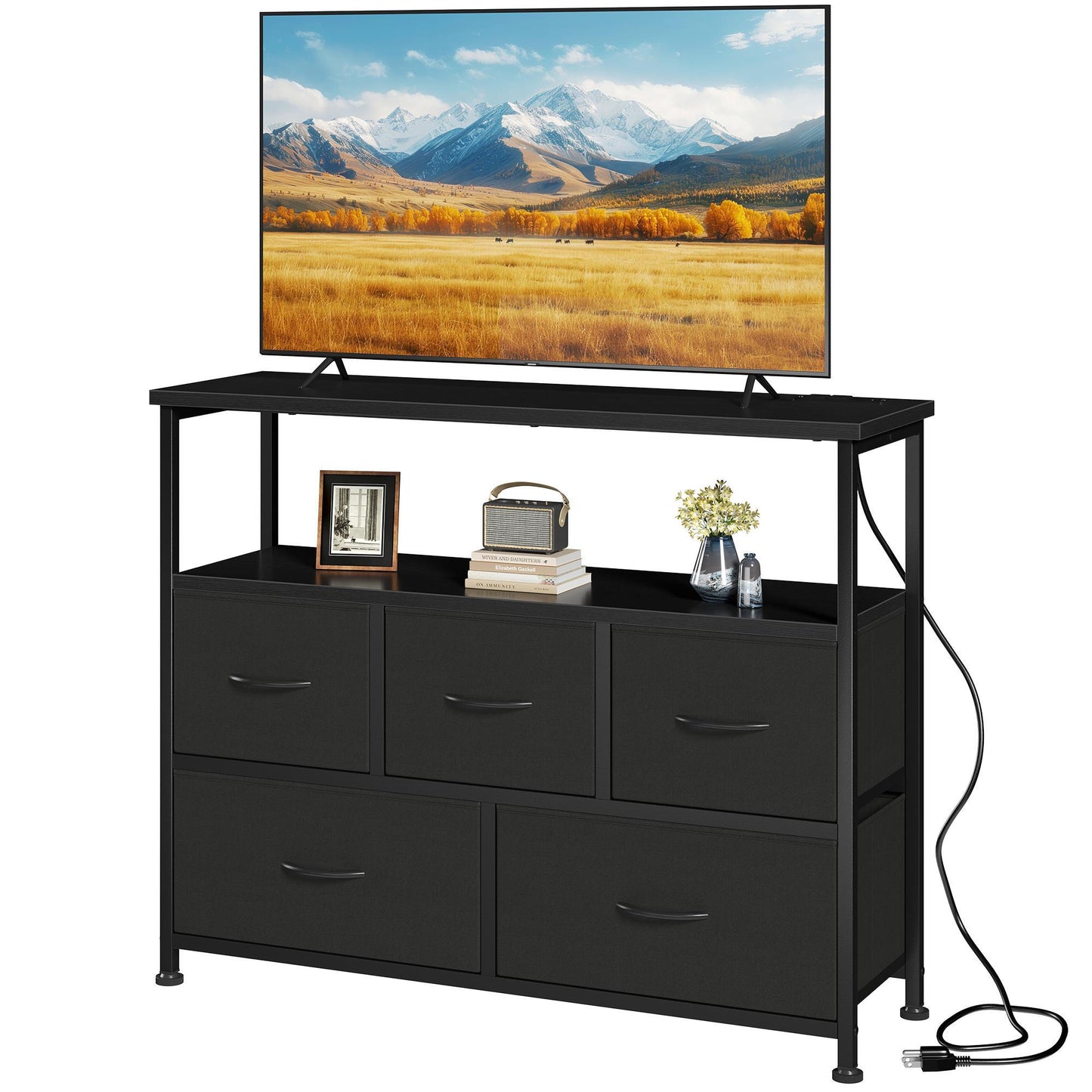 TV Cabinet, Dressing Table With 5 Fabric Storage Drawers, Media Cabinet With Open Shelves, Fabric Storage Cabinet With Charging Station