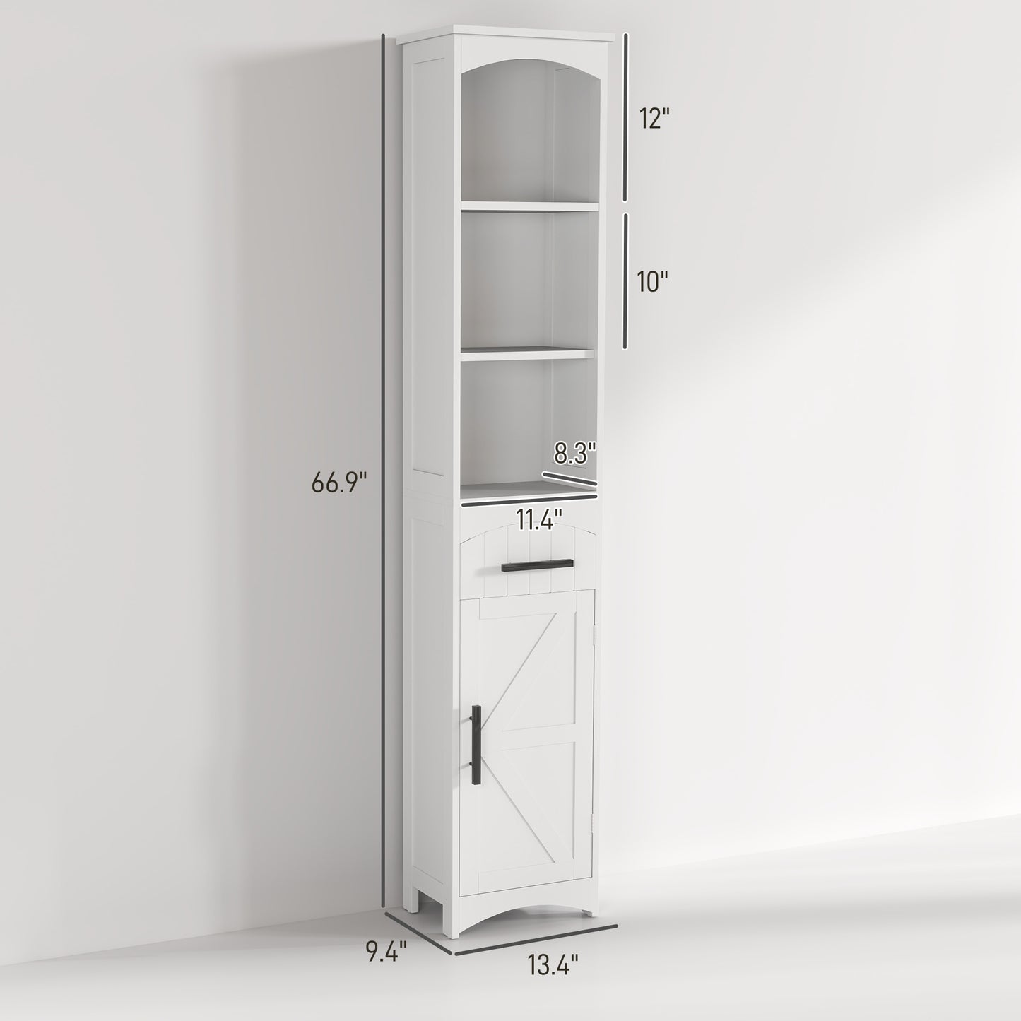 Farmhouse Tall Slim Bathroom Storage Cabinet with Recessed Drawer, Narrow Cabinet with Barn Door, White