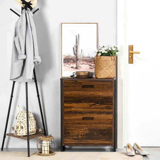 Industrial Shoe Cabinet with 2 Flip Drawers, Freestanding Shoe Storage Cabinet for 12 Pairs, Narrow Slim Shoe Rack for Entryway, Hallway, Rustic Brown