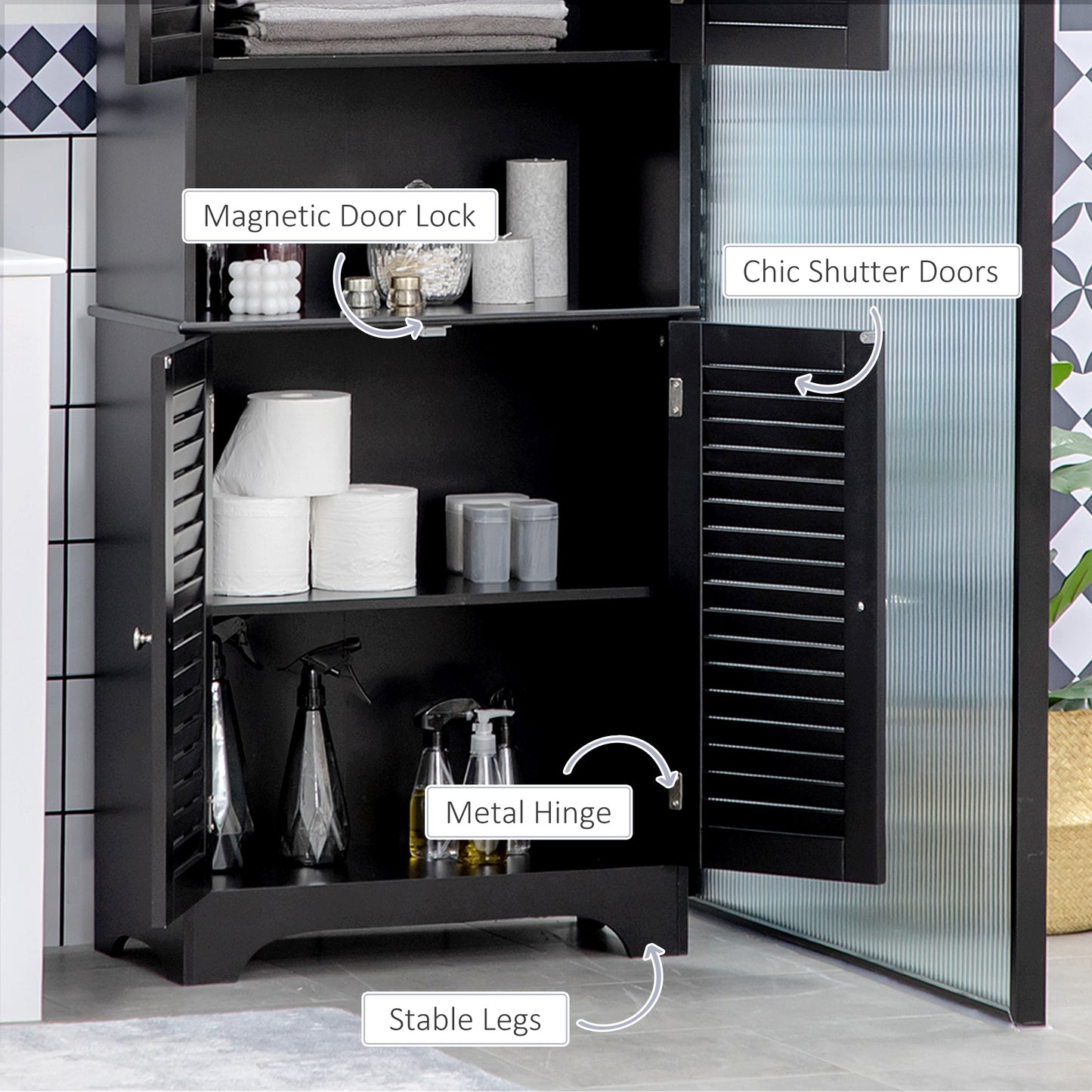 Tall Narrow Bathroom Storage Cabinet with Doors and Shelf Adjustability, Freestanding Linen Cabinet with 2 Cabinets and Countertop, Black