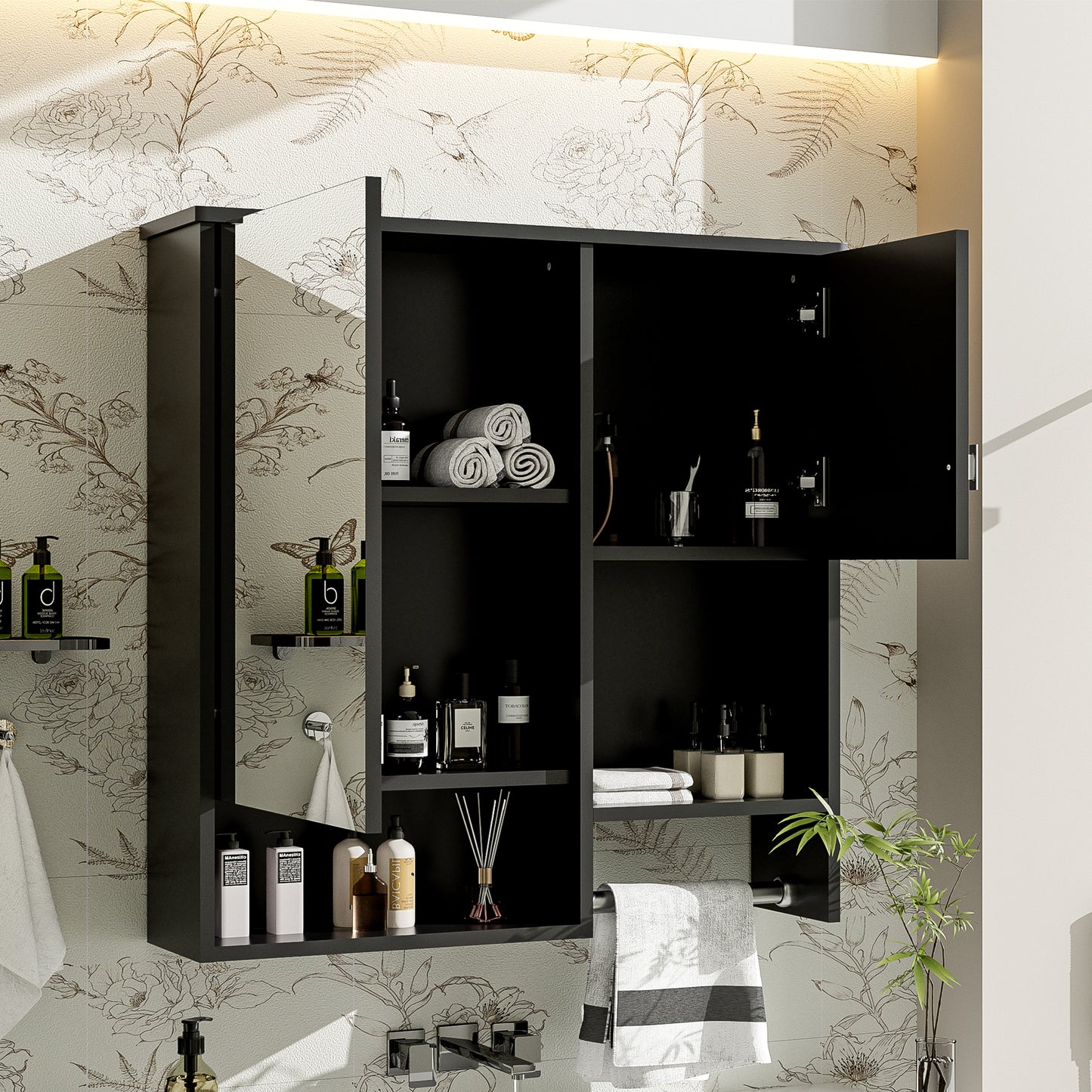 29X 28 Modern Wall Mounted Bathroom Medicine Cabinet, Bathroom Wall Storage Cabinet With Mirror, Over The Toilet Space Saver Cabinet With Towels Bar