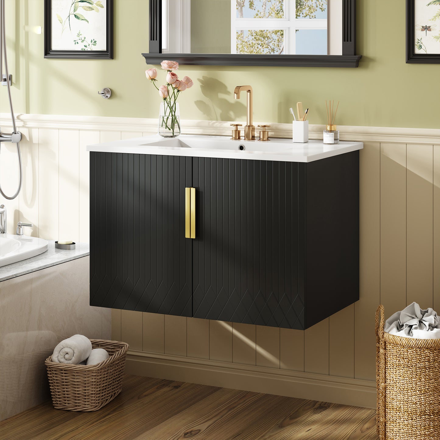 30 Vintage Bathroom Vanity With Ceramic Sink, With 3 Holes Single Ceramic Sink, Bathroom Storage Vanity Cabinet With 2 Soft Closing Doors