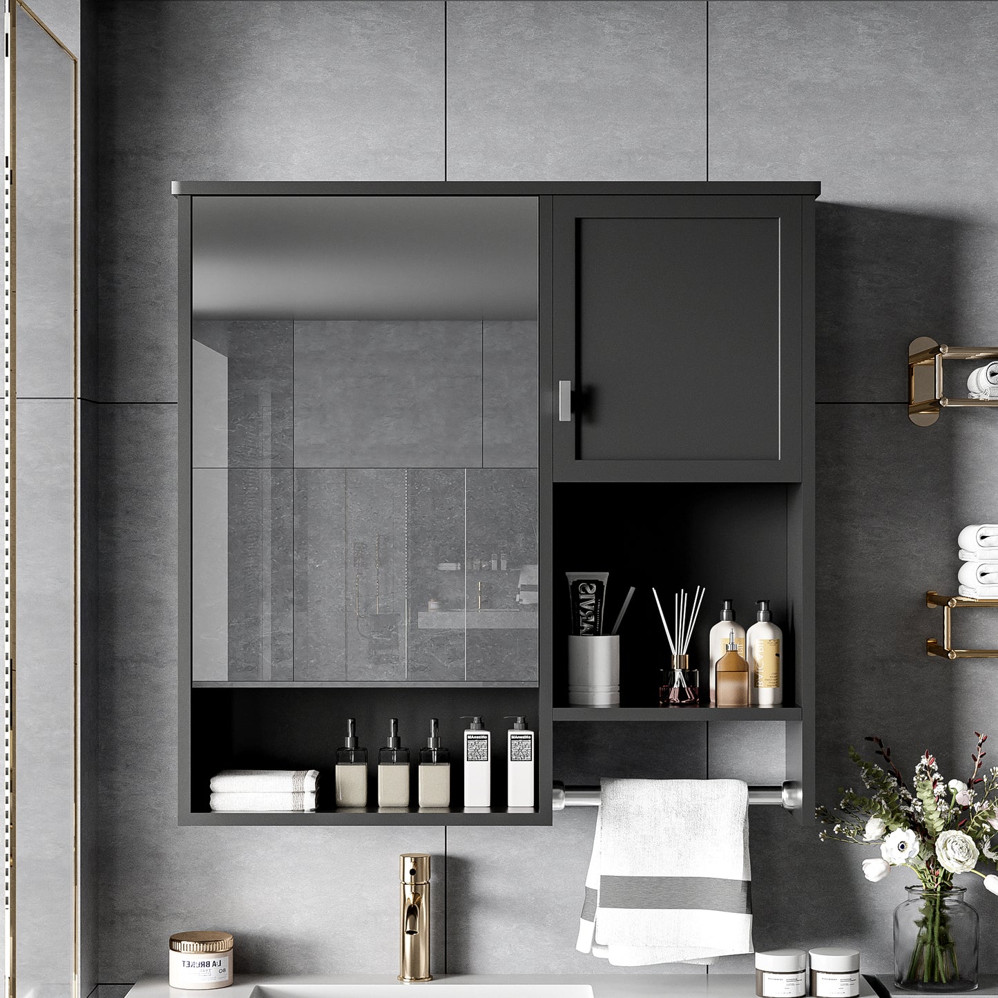 29X 28 Modern Wall Mounted Bathroom Medicine Cabinet, Bathroom Wall Storage Cabinet With Mirror, Over The Toilet Space Saver Cabinet With Towels Bar