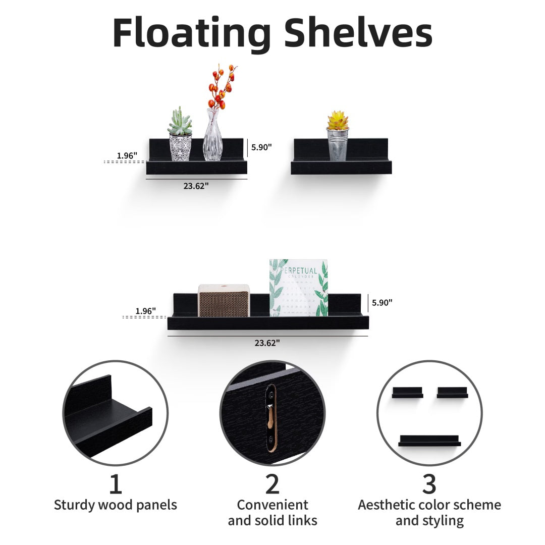 Floating Shelves  23.62 Wall Mounted Wood Shelves For Bathroom, Bedroom, Living Room, Kitchen, Hanging Shelf For Books Storage Decor With Invisible Brackets, Black