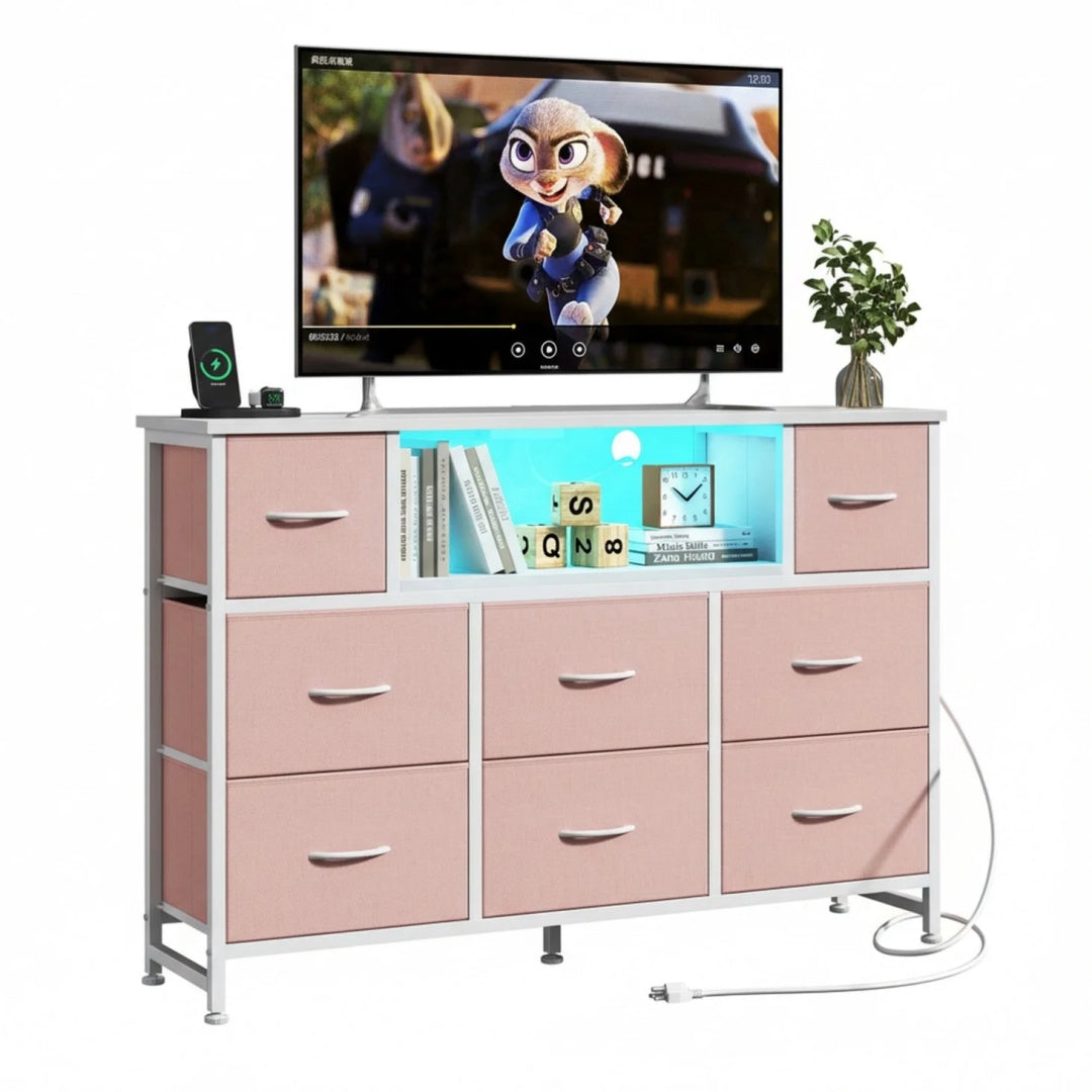 A Storage Cabinet With 8 Fabric Drawers And An Electrical Socket, And An LED TV Cabinet With USB And Type-C Interfaces