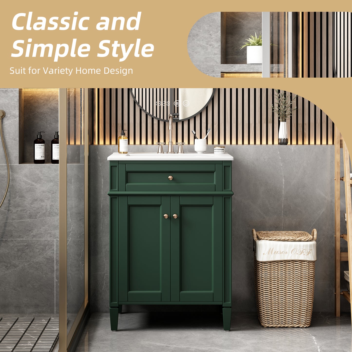 24 Bathroom Vanity With 2 Doors And Tip-Out Drawer, Bathroom Storage Cabinet With Sink, Soft-Closing Doors With Organizers