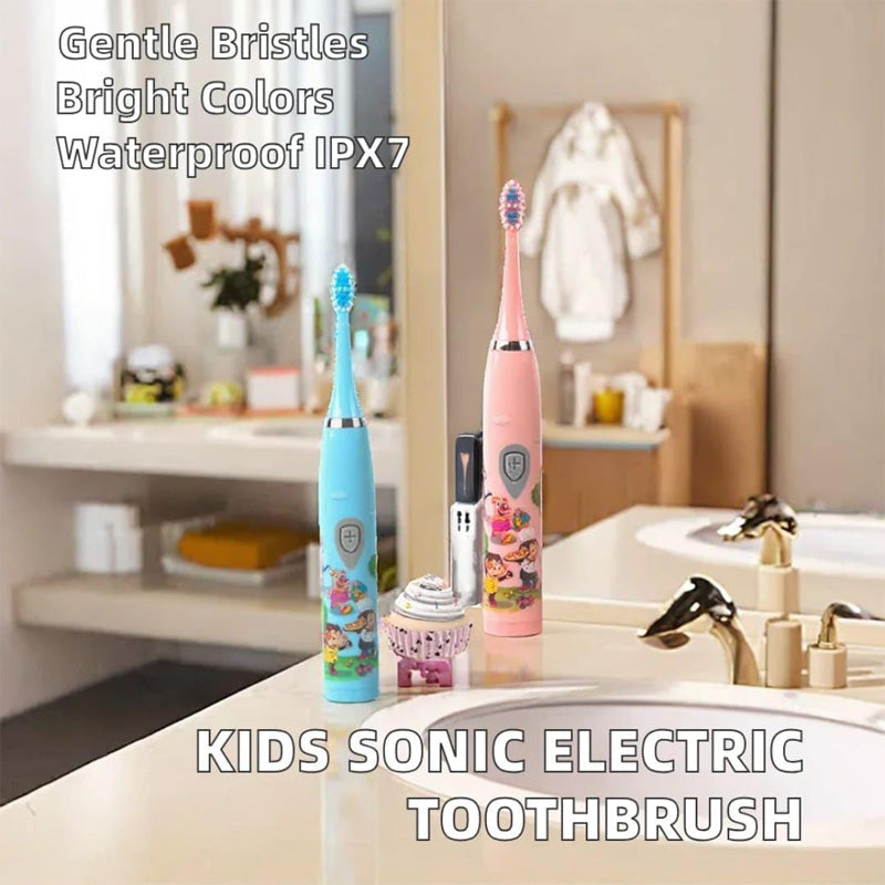 Children Sonic Electric Toothbrush IPX6 Waterproof Colorful Cartoon For Kid Use Soft Bristle Replaceable With 6 Tooth Brush Heads