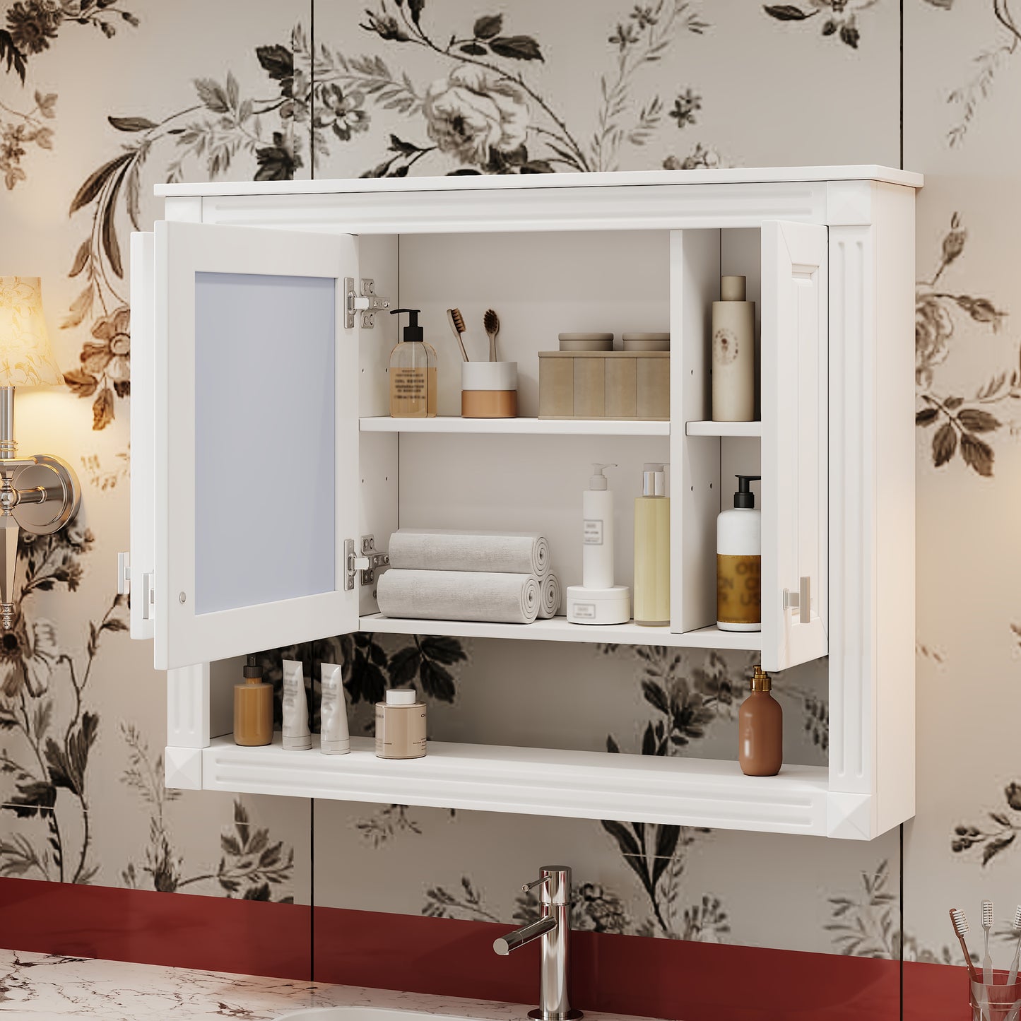 35inch Bathroom Wall Cabinet With Mirror, Wall Mounted Medicine Cabinet With Open Shelf, Mirrored Door Over Toilet Storage Cabinet, White