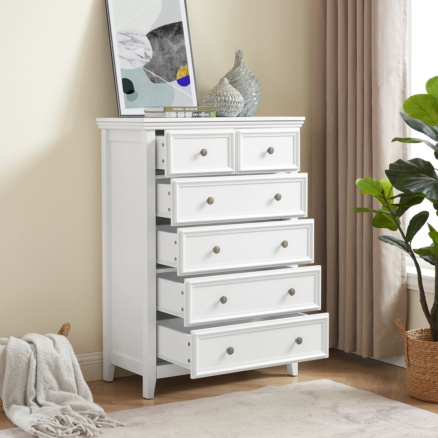 Modern 6 Drawers Dresser 6 Drawers Cabinet,Chest Of Drawers Closet Organizers And Storage Clothes Storage Drawers Cabinet For Living Room, Farmhouse Dresser Organizer White
