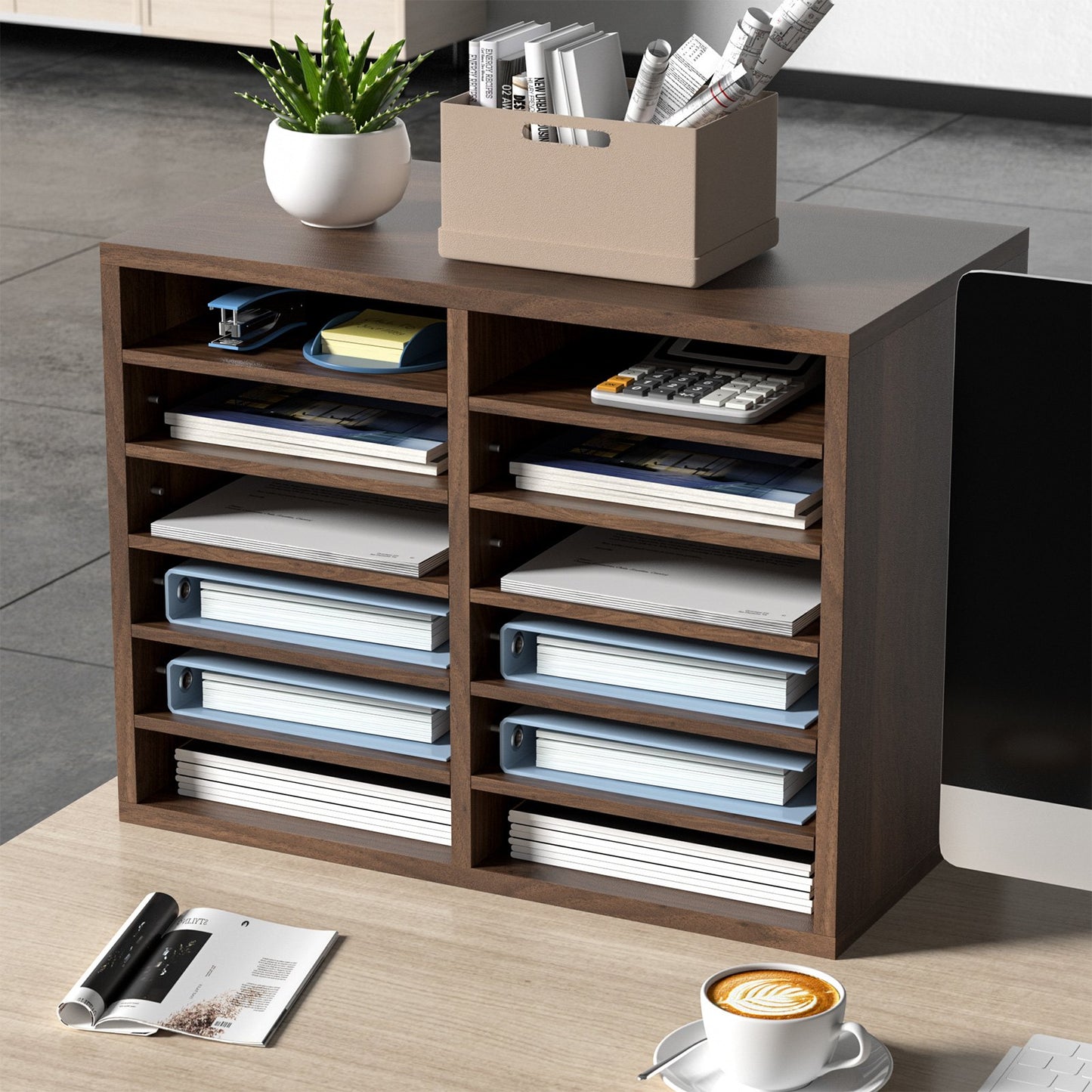 Literature Organizers, 12 Compartments Office Mailbox With Adjustable Shelves, Wood Literature Sorter 20.4x12x16.1 Inches For Office, Home, Classroom, Mailrooms Organization, EPA Certified Brown