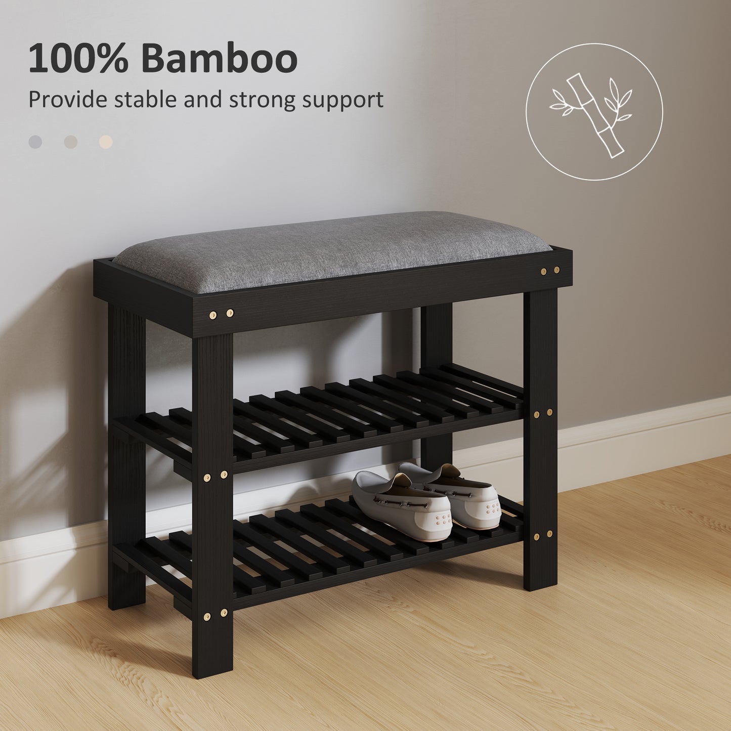 Bamboo Shoe Storage Bench, 3-Tier Entryway Bench with Cushion, Shoe Organizer for Entryway, Hallway, Black
