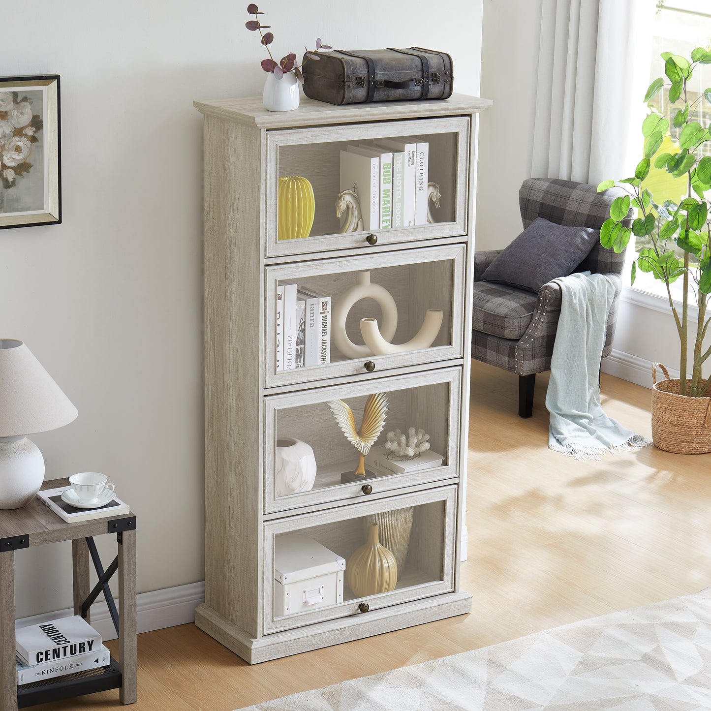 Glass Display Cabinet 4 Tier Glass Display Cabinet Storage Curio Cabinet With Flip Up Glass Doors, Collectors Showcase Toy  Organizers Rack, Bookcase For Living Room White