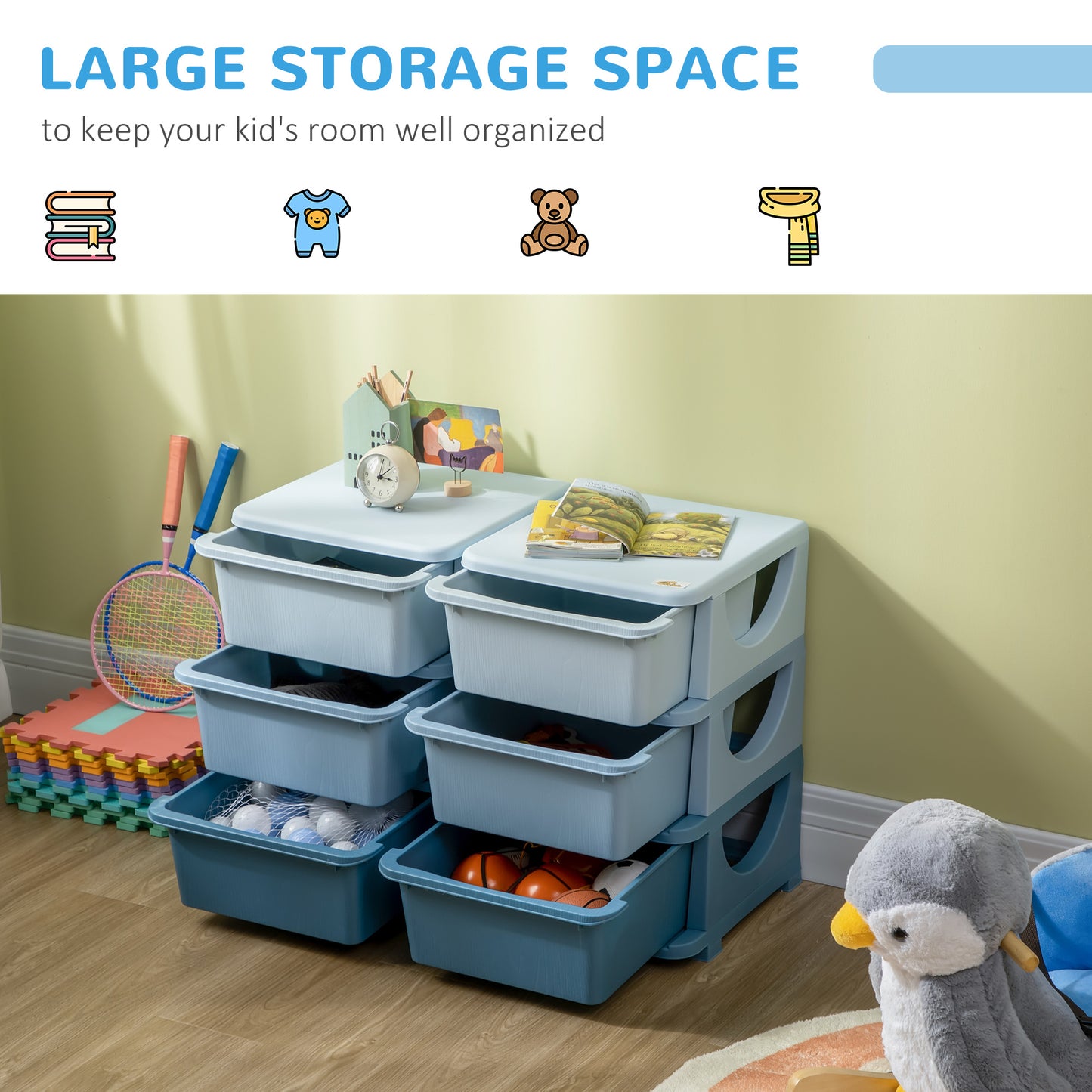3 Tier Kids Storage Unit, Toy Organizers and Storage with 6 Drawer Chest for Kids Bedroom Nursery Kindergarten Living Room for Boys Girls Toddlers, Blue