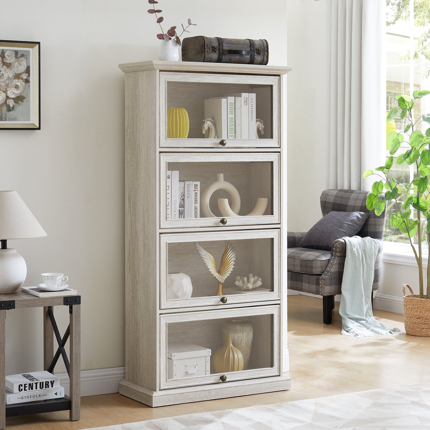 Glass Display Cabinet 4 Tier Glass Display Cabinet Storage Curio Cabinet With Flip Up Glass Doors, Collectors Showcase Toy  Organizers Rack, Bookcase For Living Room White