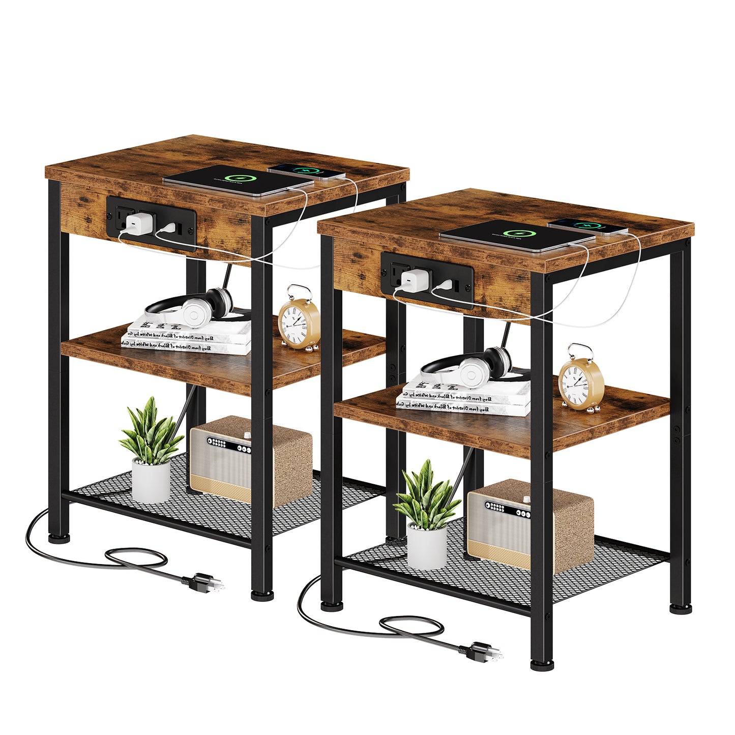 15.7-inch Small Side Table With Charging Device, Coffee Table With Socket And USB Interface, Three-layer Adjustable Storage Bedside Cabinet