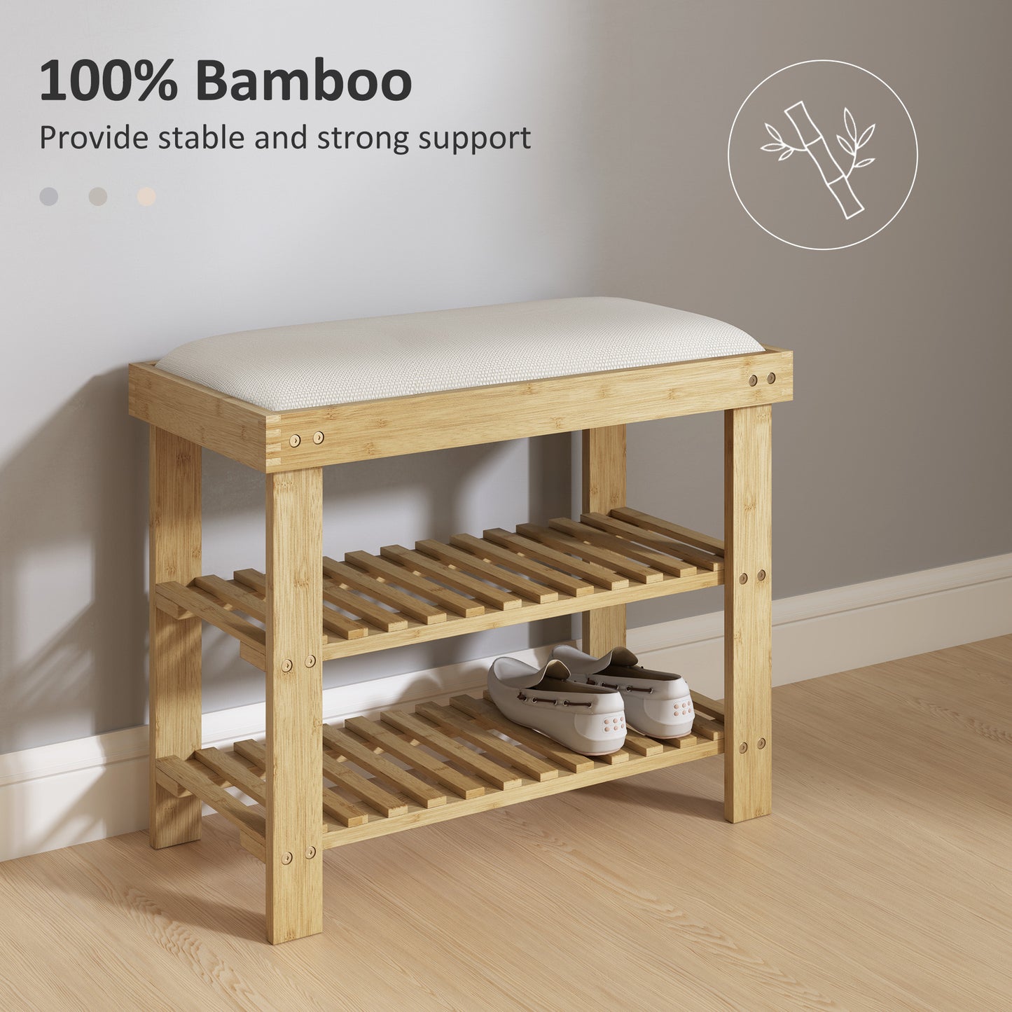 Bamboo Shoe Storage Bench, 3-Tier Entryway Bench with Cushion, Shoe Organizer for Entryway, Hallway, Cream White