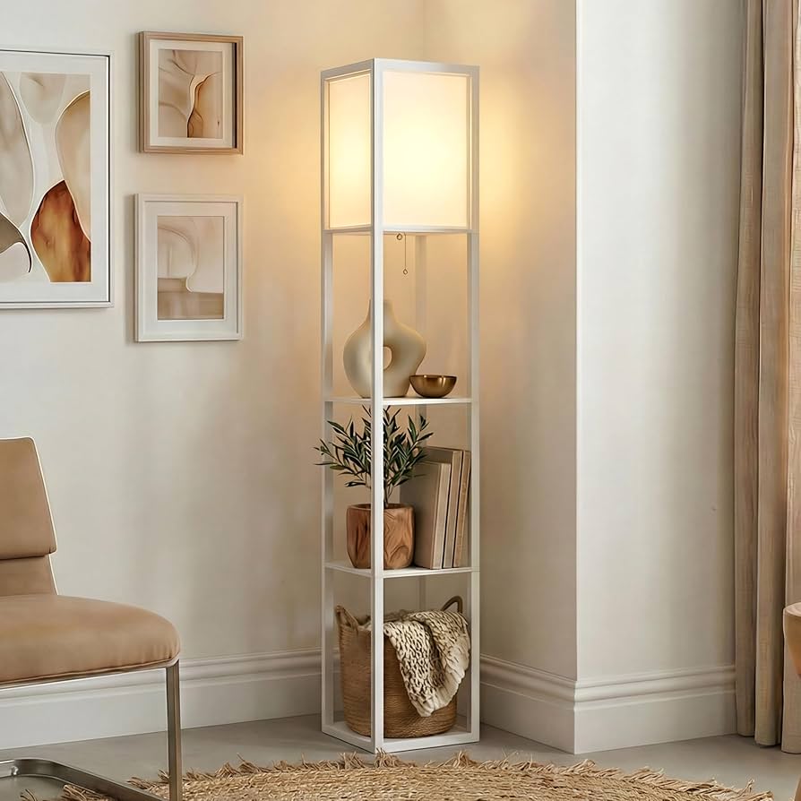Cozy Corner Floor Lamp with Shelves | Modern Home Lighting